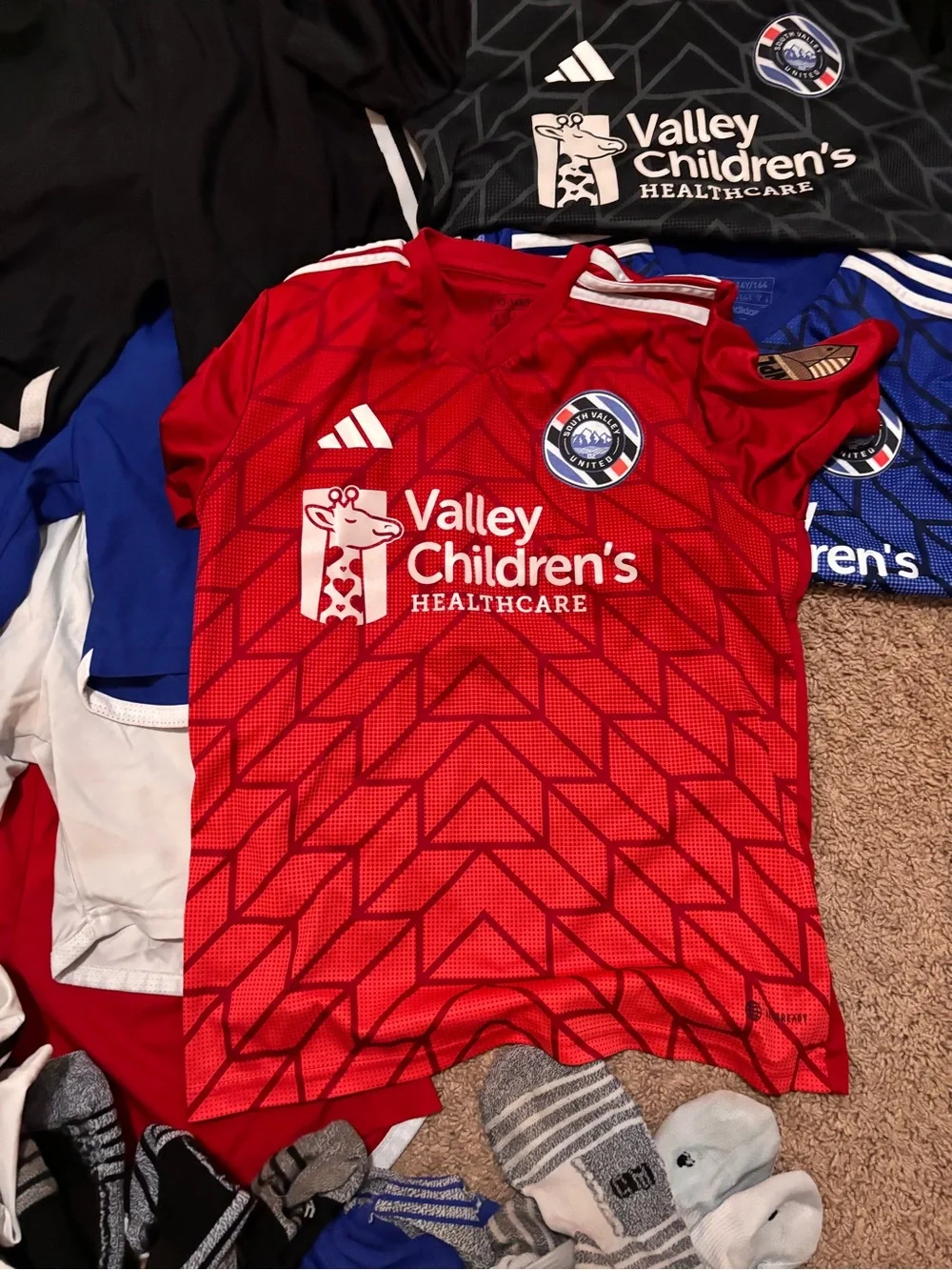adidas Kids Soccer Jersey & Shorts Bundle - Black, Blue, Gray, Red, White